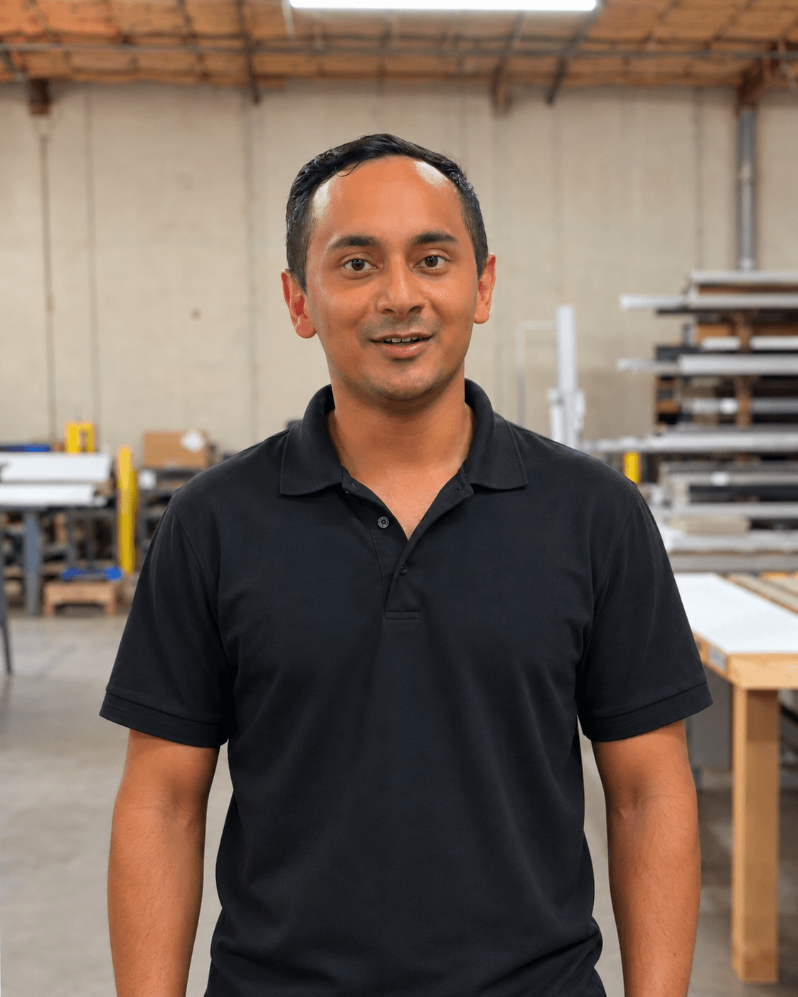 Rameel Sheikh, founder of LeadMill, on the floor of a commercial sign fabrication shop
