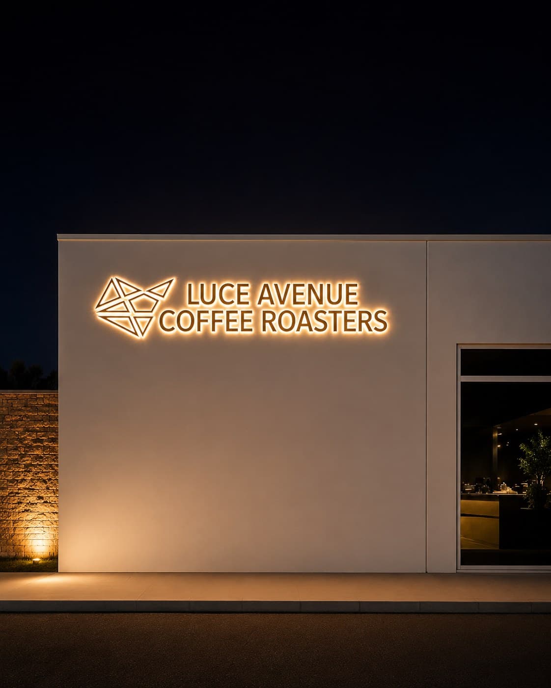 Halo-lit exterior sign for Luce Avenue Coffee Roasters, glowing at night
