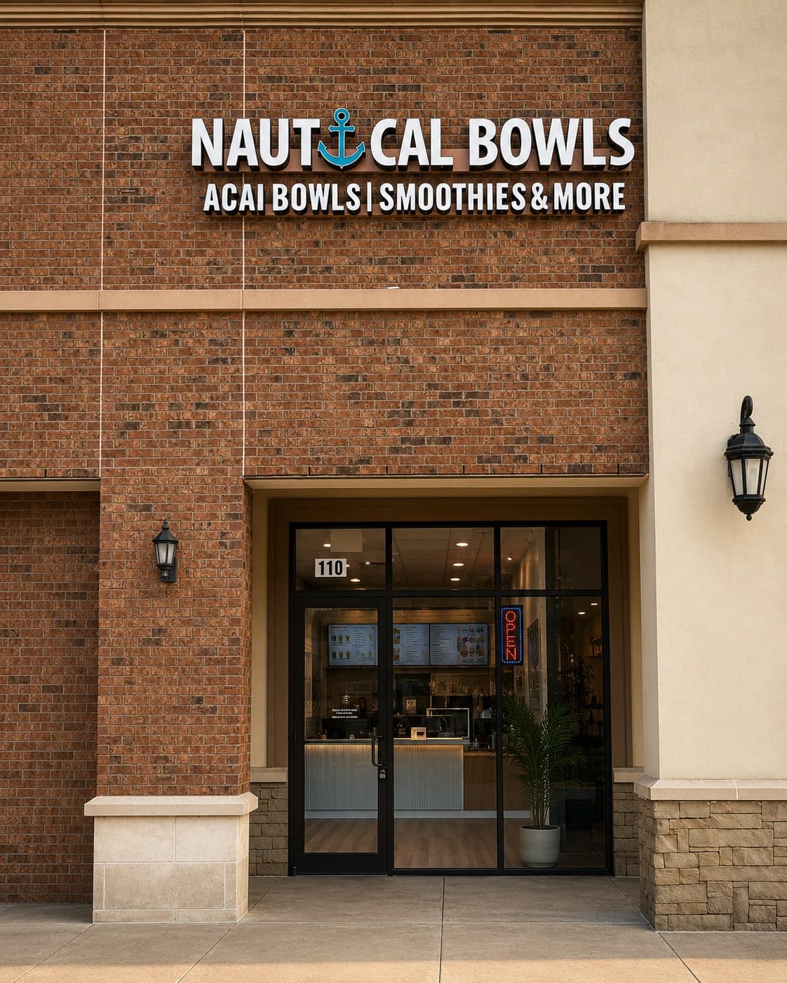 Front-lit exterior sign for Nautical Bowls above a brick storefront
